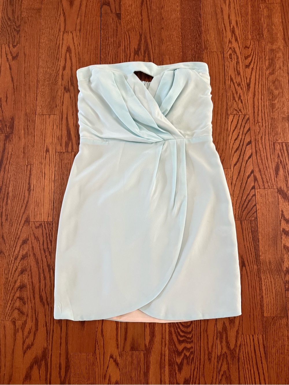 Lavender Brown Strapless Pale Blue Ruched Wrap Mini Dress